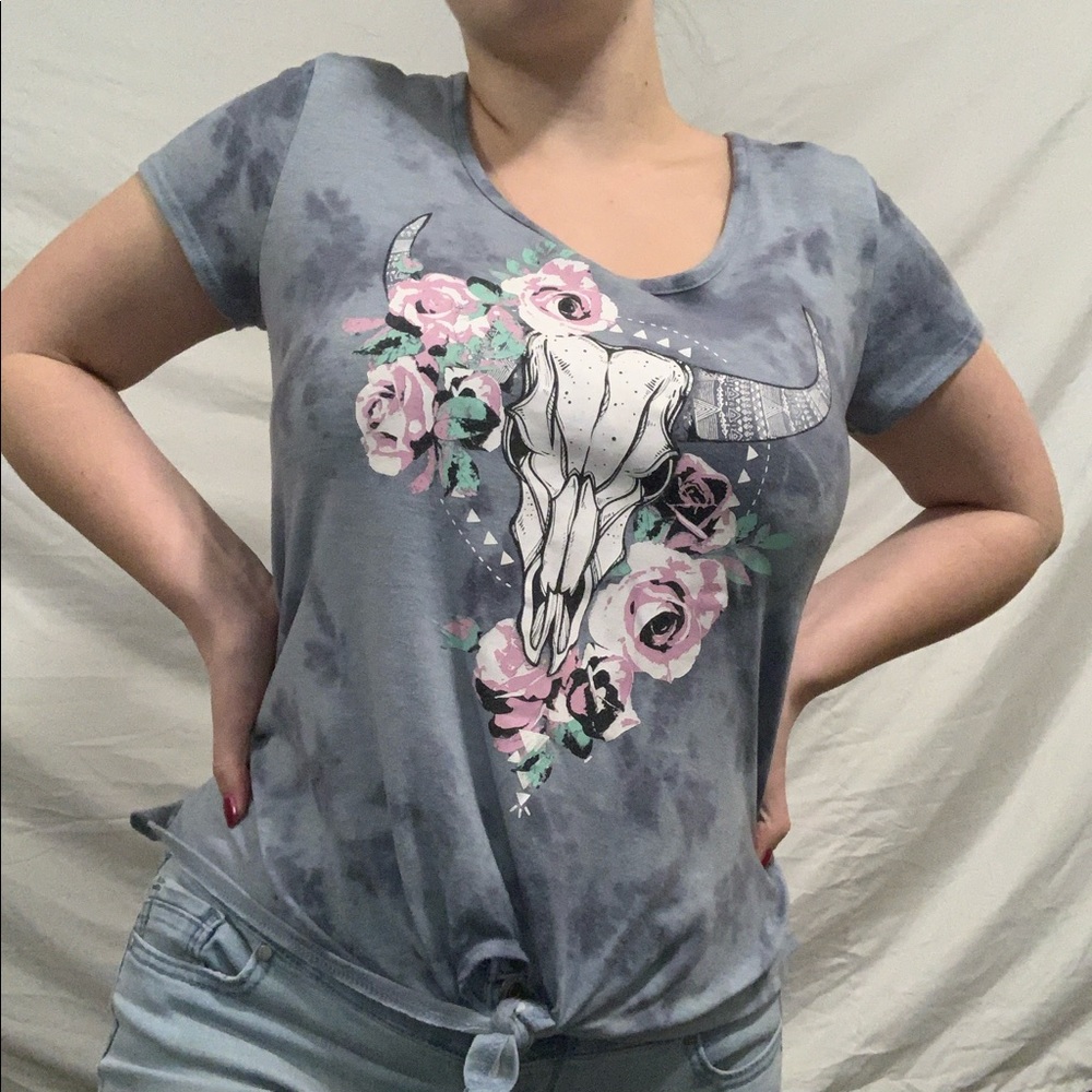 Blue tie dye t shirt with skull and roses by bongo